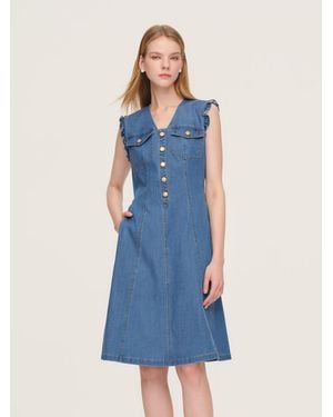 GOELIA Lyocell Blend Denim V-Neck Sleeveless Midi Dress - Blue