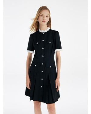 GOELIA Ruffle Trim Pearl Buttons Mini Dress - Black