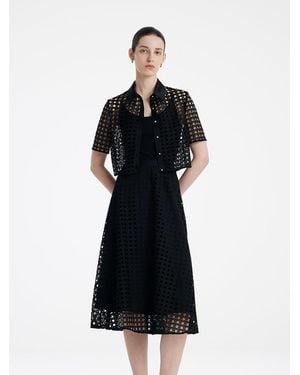 GOELIA Lace Openwork Crop Jacket And Half Skirt And Knitted Camisole Three-Piece Set - Black
