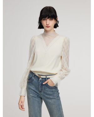 GOELIA Tencel Wool Blend Lace Patchwork Knit Top - White