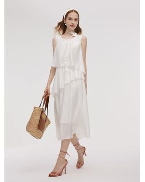 GOELIA Tencel Blend Ruffle Tiered Sleeveless Midi Dress - White