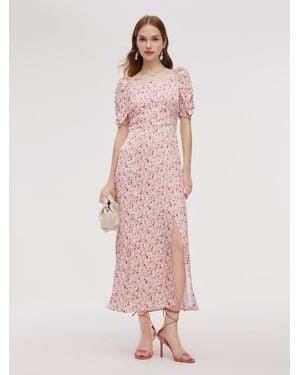 GOELIA Floral Print Side Slit Ruched Sleeve Maxi Dress - Pink