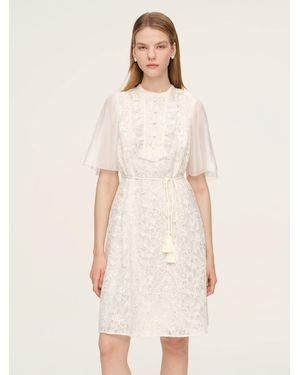 GOELIA Lace Ruffle Sleeve A-Line Mini Dress With Tie-String Belt And Scrunchie - Natural