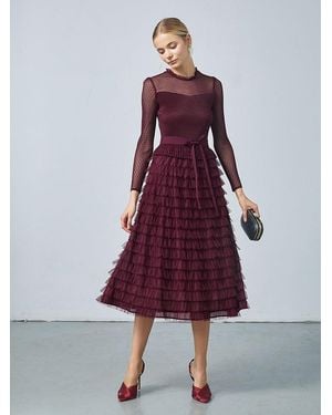 GOELIA Pleated Tiered Sheer Sleeve Cake Midi Dress
