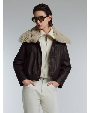 GOELIA [Preview] Coated Goose Down Jacket With Detachable Shearling Collar - Brown