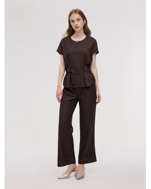 GOELIA 100% Linen Blouse And Pants Two-Piece Set - Brown