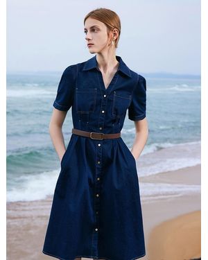 GOELIA Gathered Waist Denim Mini Dress - Blue