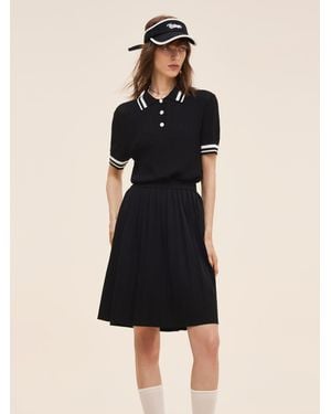 GOELIA Tencel Blend Openwork Knit Top And Pleated Skirt Two-Piece Set - Black