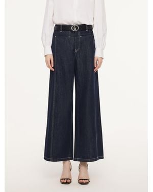 GOELIA Lyocell Blend Denim Paneled Seam Wide Leg Jeans With Belt - Blue
