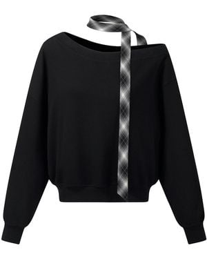 GOELIA [Preview] Cotton Scuba One-Shoulder Sweatshirt With Plaid Ribbon - Black
