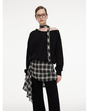 GOELIA Cotton Scuba One-Shoulder Sweatshirt With Plaid Ribbon - Black