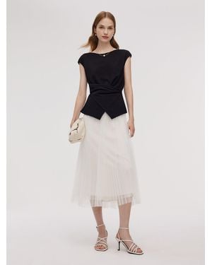 GOELIA Adjustable Hem Knit Top And Mesh Pleated Skirt Two-Piece Set - Natural