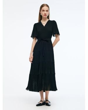 GOELIA Pleated V-Neck A-Line Tie Belt Maxi Dress - Black
