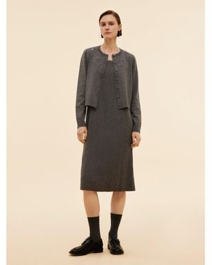 GOELIA [Preview] Beaded Cardigan And Pleated Sleeveless Midi Dress Two-Piece Set - Natural