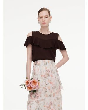 GOELIA Tencel Blend Ruffle Cold Shoulder Knit Top - Brown