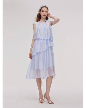 GOELIA Ruffle Tiered Vest Midi Dress With Hairband And Bowknot Choker - Blue
