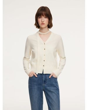 GOELIA Tencel Wool Blend V-Neck Cardigan With Detachable Ribbon - Natural