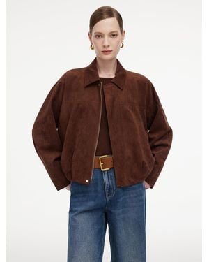 GOELIA Faux Suede Bubble Hem Zip-Up Cropped Jacket - Brown