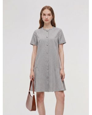 GOELIA Tencel Linen Blend Sequined Round Neck Mini Dress - Gray