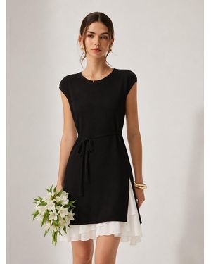 GOELIA Tencel Blend Knit Two-Piece Dress Set With Slip Inner & Belt - Black