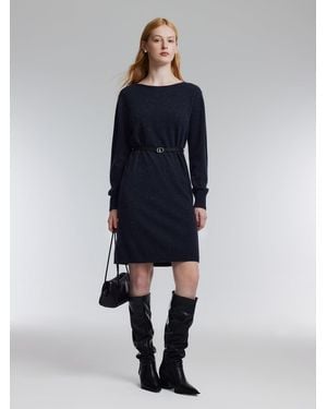 GOELIA 100% Wool Boat Neck Knit Mini Dress With Belt - Blue