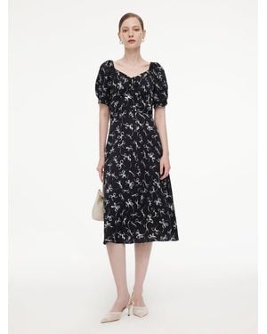 GOELIA Ribbon Print Puff Sleeve Midi Dress - White