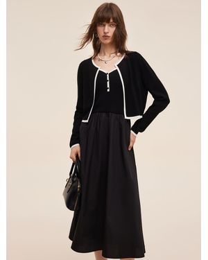 GOELIA Lyocell Blend Cardigan And Patchwork Strap Maxi Dress Two-Piece Set - Black