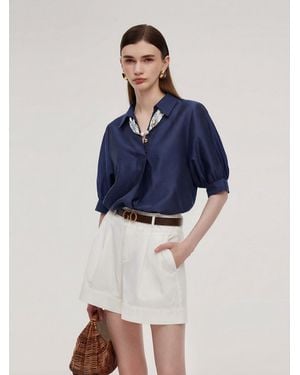 GOELIA Tencel Blend Loose Fit Blouse With Silk Scarf - Blue