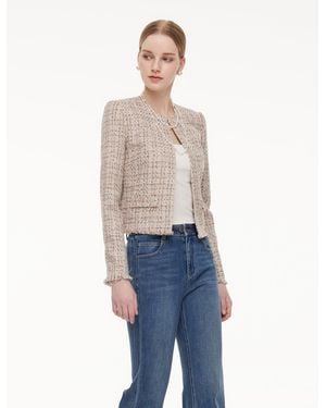 GOELIA Wool Blend Textured Tweed Frayed Hem Jacket - Natural