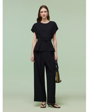 GOELIA Four-Way Stretch Top And Ankle Length Pants Two-Piece Set With Belt - Black
