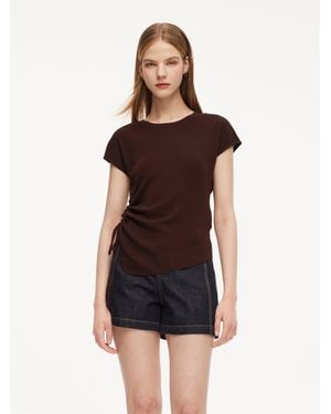 GOELIA Lyocell Blend Side Drawstring Asymmetric Knit Top - Brown