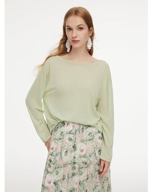 GOELIA Triacetate Linen Cotton Blend Boat Neck Lightweight Knit Top - Natural
