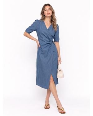 GOELIA Denim Look V-Neck Wrap Maxi Tea Dress - Blue