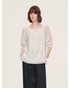 GOELIA Tencel Blend Embroidered Square Neck Blouse - White