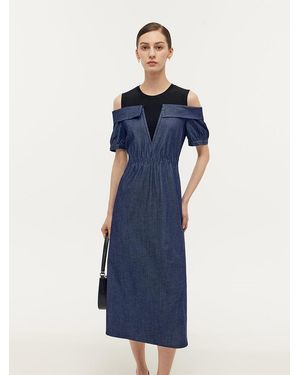 GOELIA Denim Lyocell Cold Shoulder Patchwork Midi Dress - Blue