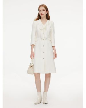GOELIA Wool Blend Tweed 3/4 Sleeve Midi Dress With Detachable Ruffle Collar - White