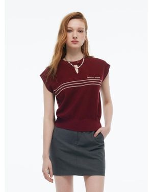 GOELIA Tencel Blend Stripe Letter Print Cap Sleeve Knit Top - Red