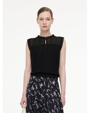 GOELIA Jacquard Cut Out Neckline Ruffle Knit Tank Top - Black