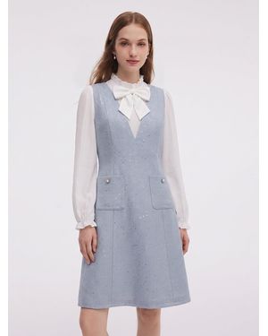 GOELIA Pre-Order Acetate Blend Ruffle Neck Mini Dress With Detachable Bow - Blue