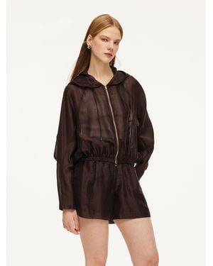 GOELIA Tencel Linen Blend Sheer Hooded Jacket - Black