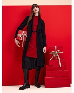 GOELIA Mock Neck Long Sweater And Wool Pleated Skirt Two-Piece Set - Red