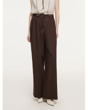 GOELIA Linen Blend Wide Leg Pants With Tie String Belt - Brown