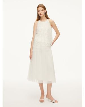 GOELIA Lace Embroidered Sequins Halter Top And Mesh Skirt Two-Piece Set - Natural
