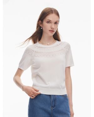GOELIA Tencel Blend Openwork Ruffle Round Neck Knit Top - White