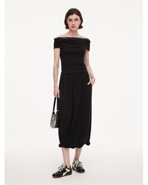 GOELIA Tencel Blend Off Shoulder Knit Top And Bubble Hem Skirt Two-Piece Set - Black
