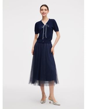 GOELIA Ruffle V-Neck Knit Top And Pleated Mesh Skirt Two-Piece Set - Blue