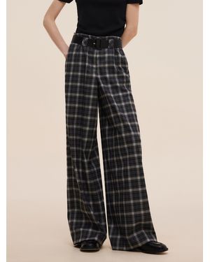 GOELIA Plaid Loose Wide Leg Pants With Leather Belt - Black