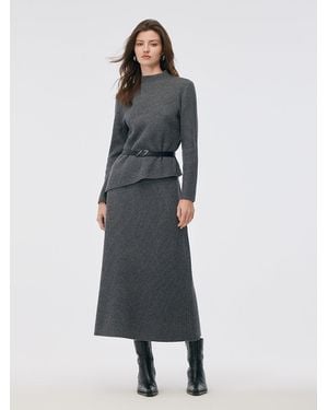 GOELIA Wool Blend Mock Neck Sweater And A-Line Skirt Two-Piece Set With Belt - Blue