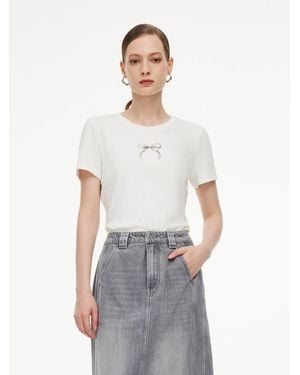 GOELIA Bowknot Print Gathered Waist T-Shirt - White
