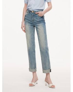 GOELIA Cotton Denim Adjustable Waist Straight Leg Folded Jeans - Blue